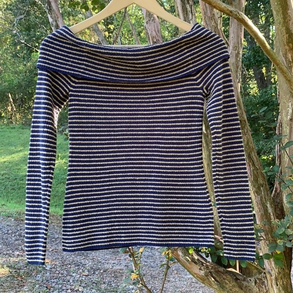 FRAME Off Shoulder Textured Wool Blend Sweater in Blue/Mustard Yellow - Picture 10 of 12